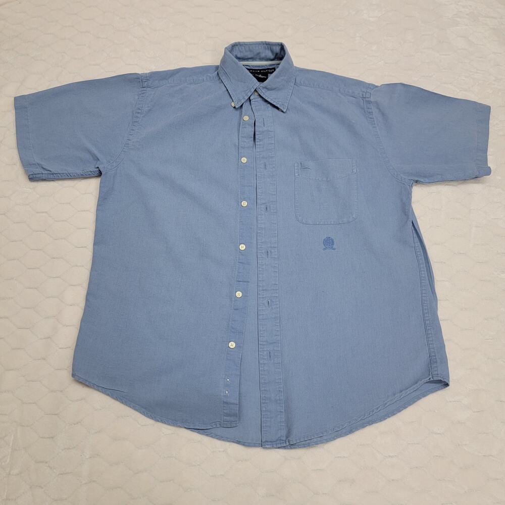 Vintage Tommy Hilfiger Mens Medium Blue Linen Blend Short Sleeve Shirt Y2K